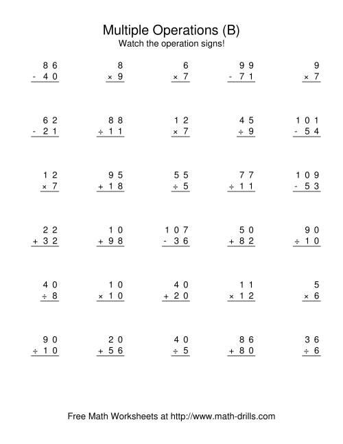 The All Operations Using Numbers to 12 (B) Math Worksheet