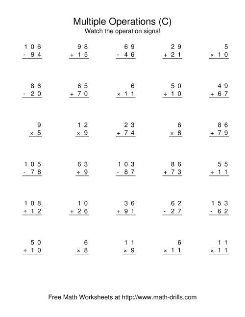 The All Operations Using Numbers to 12 (C) Math Worksheet