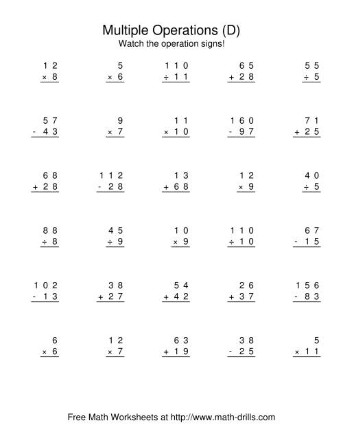 The All Operations Using Numbers to 12 (D) Math Worksheet