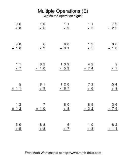 The All Operations Using Numbers to 12 (E) Math Worksheet