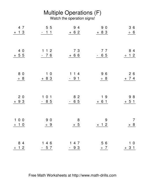 The All Operations Using Numbers to 12 (F) Math Worksheet