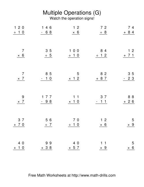 The All Operations Using Numbers to 12 (G) Math Worksheet