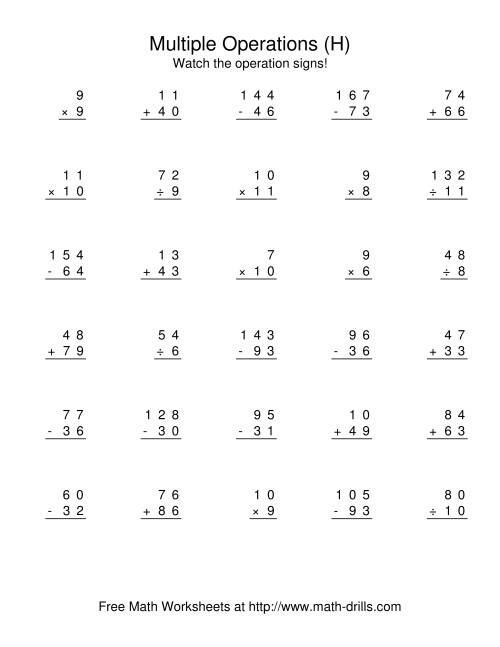 The All Operations Using Numbers to 12 (H) Math Worksheet