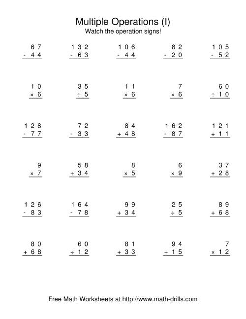 The All Operations Using Numbers to 12 (I) Math Worksheet