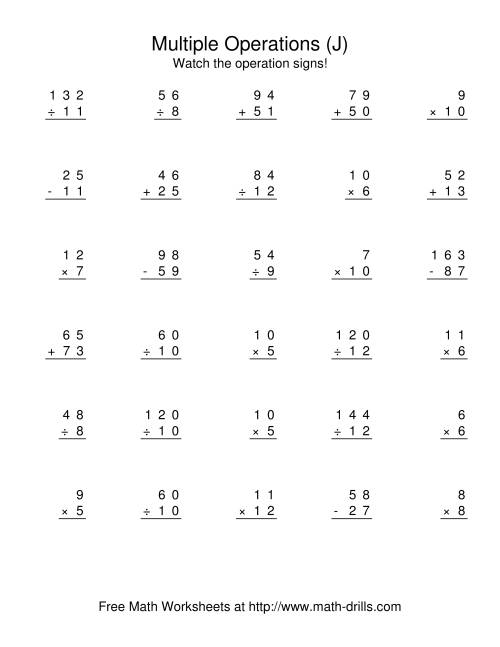 The All Operations Using Numbers to 12 (J) Math Worksheet
