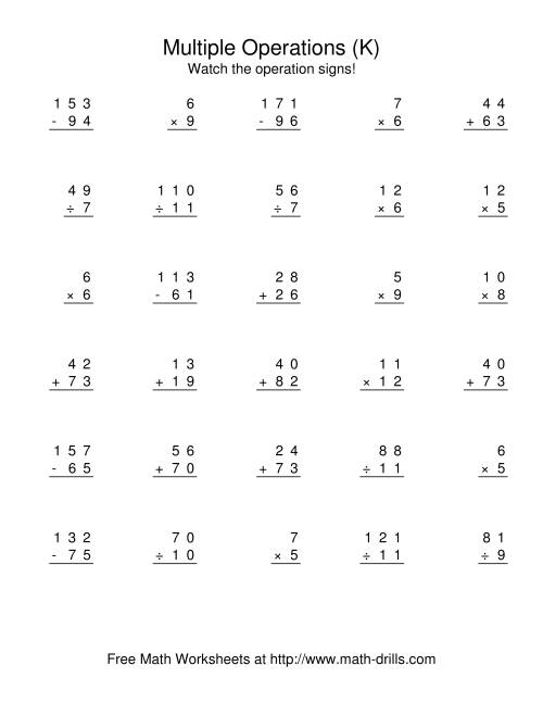 The All Operations Using Numbers to 12 (K) Math Worksheet