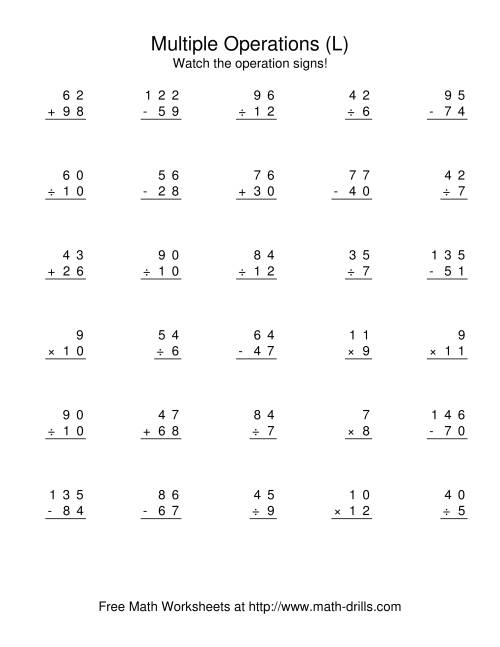 The All Operations Using Numbers to 12 (L) Math Worksheet