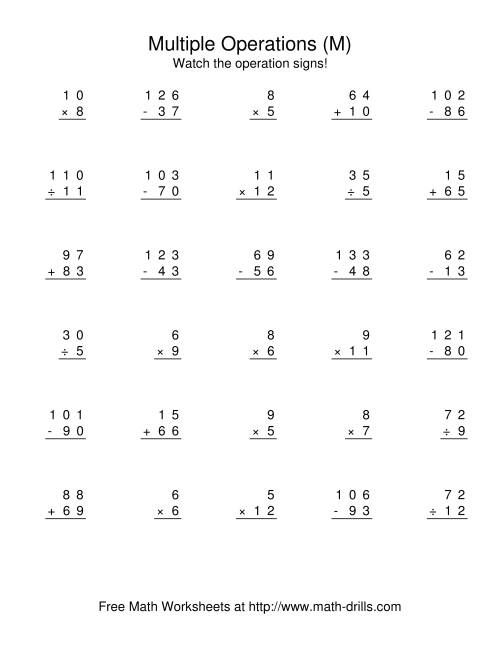 The All Operations Using Numbers to 12 (M) Math Worksheet