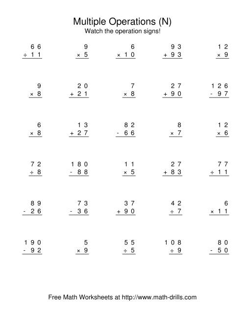 The All Operations Using Numbers to 12 (N) Math Worksheet