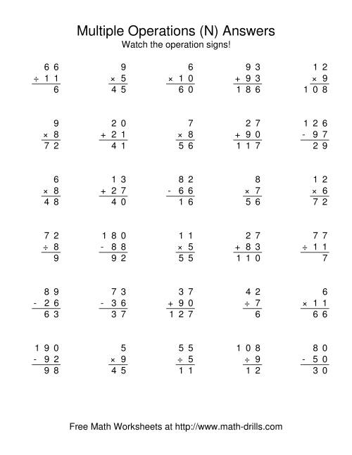 The All Operations Using Numbers to 12 (N) Math Worksheet Page 2