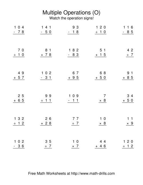 The All Operations Using Numbers to 12 (O) Math Worksheet