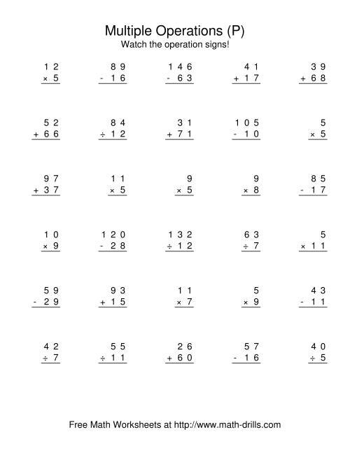 The All Operations Using Numbers to 12 (P) Math Worksheet