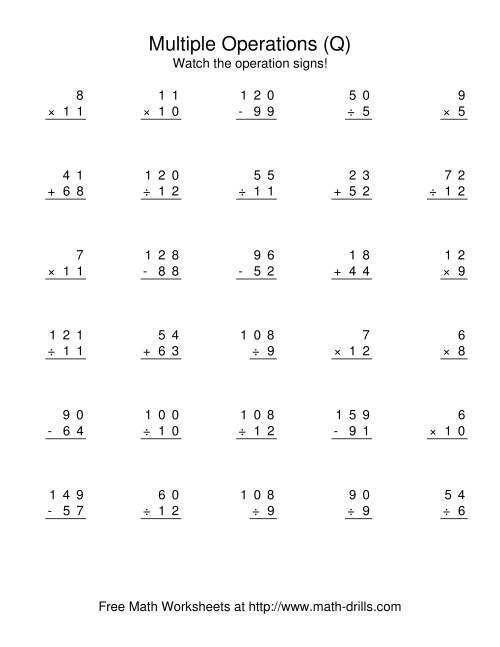 The All Operations Using Numbers to 12 (Q) Math Worksheet