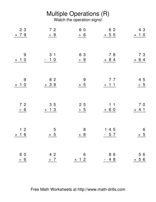 The All Operations Using Numbers to 12 (R) Math Worksheet