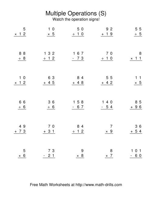 The All Operations Using Numbers to 12 (S) Math Worksheet