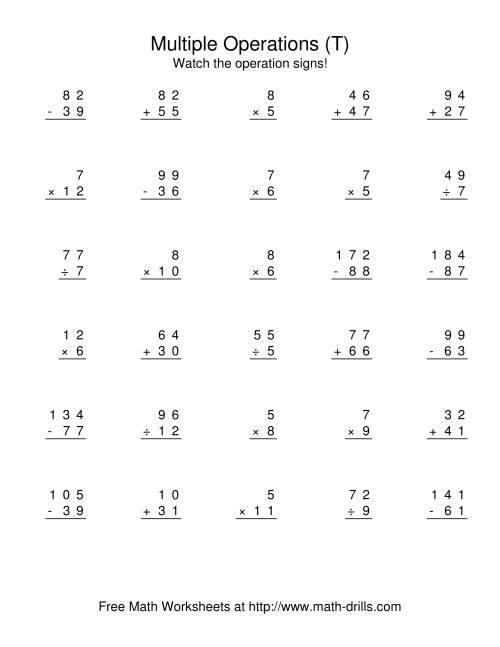 The All Operations Using Numbers to 12 (T) Math Worksheet