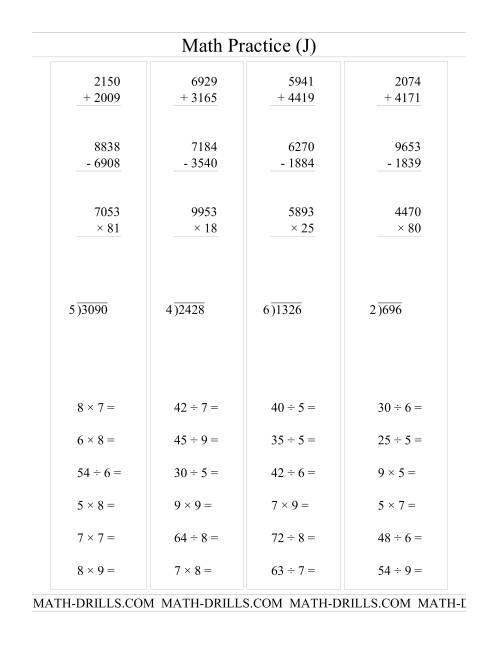 The All Operations with Long and Short Questions (J) Math Worksheet
