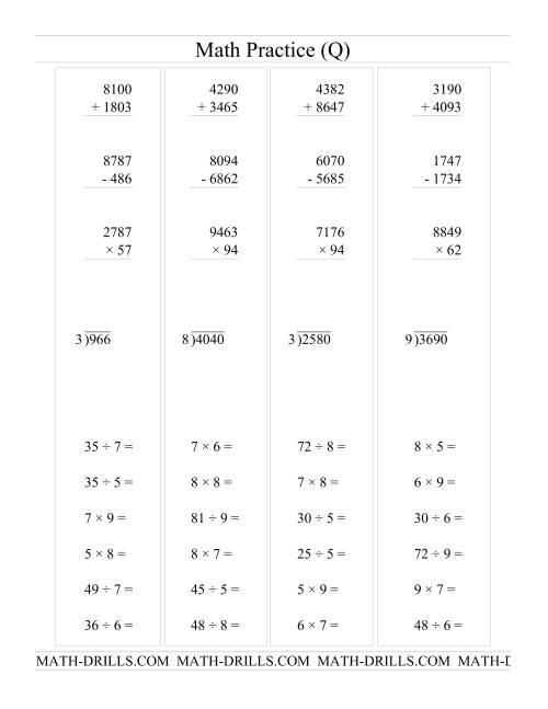 The All Operations with Long and Short Questions (Q) Math Worksheet