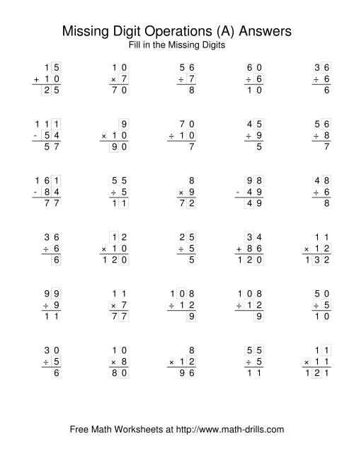The All Operations with Missing Digits (A) Math Worksheet Page 2
