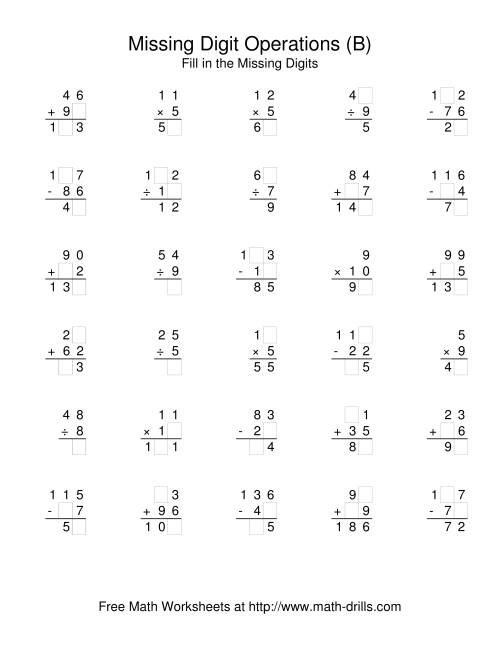 The All Operations with Missing Digits (B) Math Worksheet