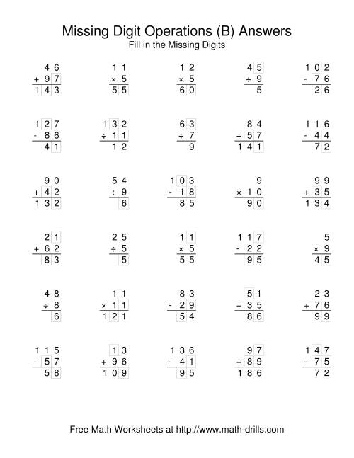 The All Operations with Missing Digits (B) Math Worksheet Page 2