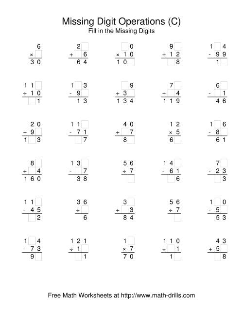 The All Operations with Missing Digits (C) Math Worksheet