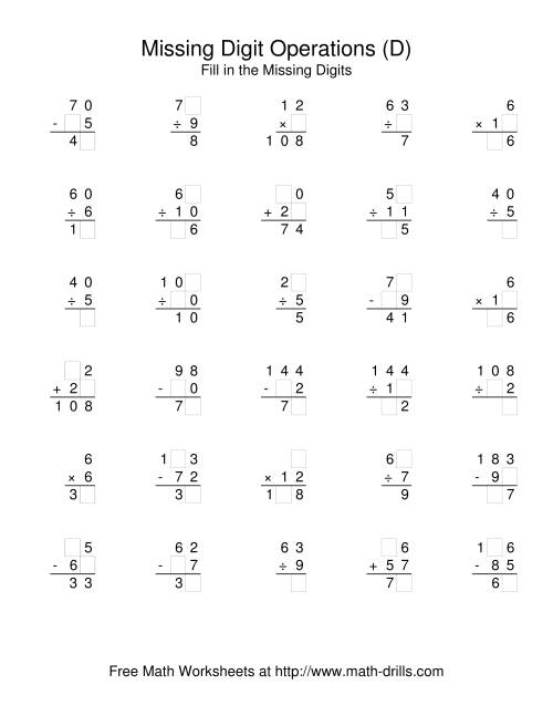 The All Operations with Missing Digits (D) Math Worksheet