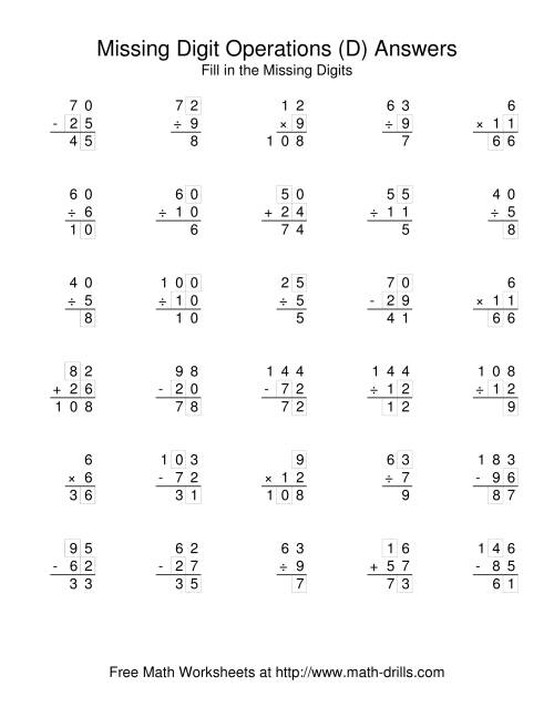 The All Operations with Missing Digits (D) Math Worksheet Page 2
