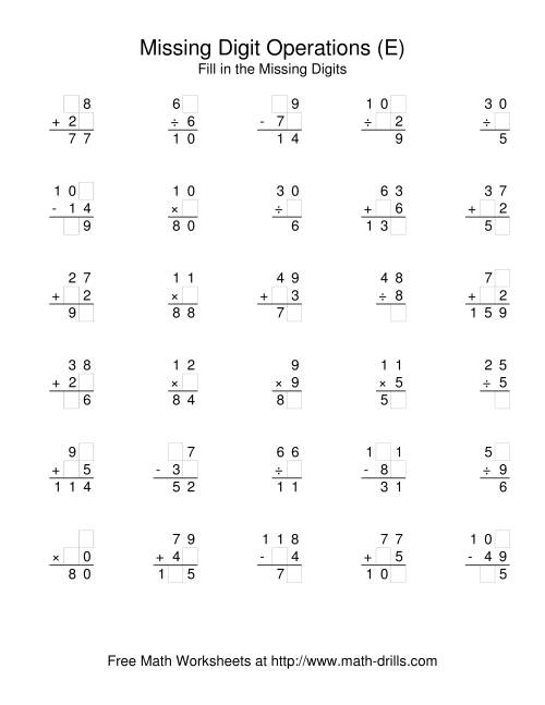 The All Operations with Missing Digits (E) Math Worksheet