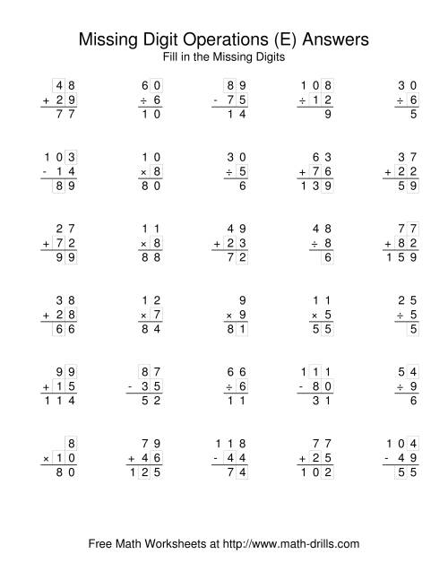 The All Operations with Missing Digits (E) Math Worksheet Page 2