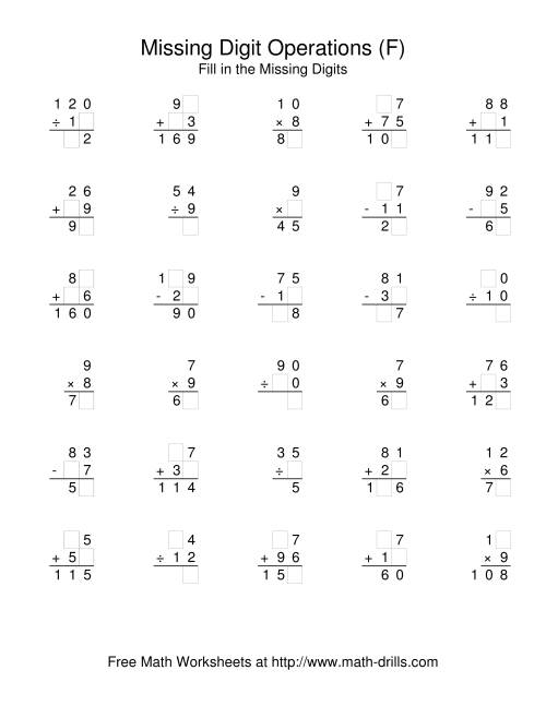 The All Operations with Missing Digits (F) Math Worksheet
