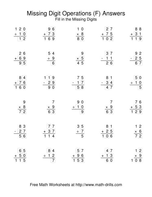 The All Operations with Missing Digits (F) Math Worksheet Page 2