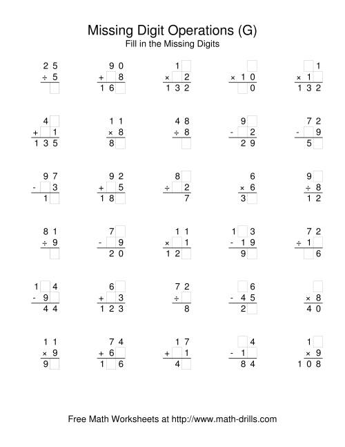 The All Operations with Missing Digits (G) Math Worksheet