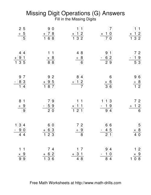 The All Operations with Missing Digits (G) Math Worksheet Page 2