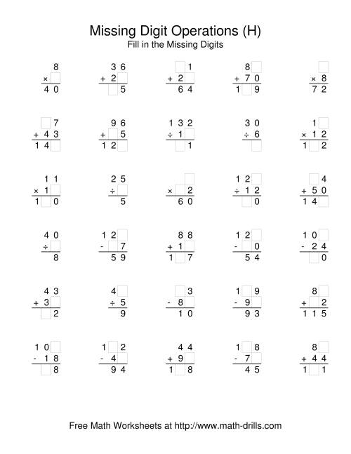 The All Operations with Missing Digits (H) Math Worksheet