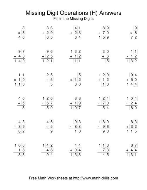The All Operations with Missing Digits (H) Math Worksheet Page 2