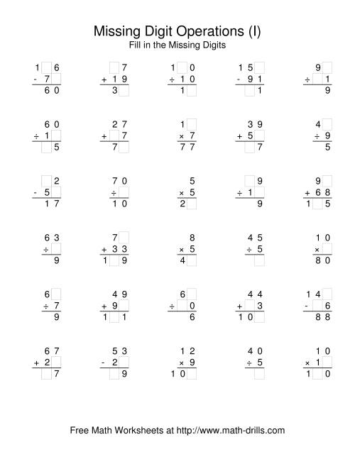 The All Operations with Missing Digits (I) Math Worksheet