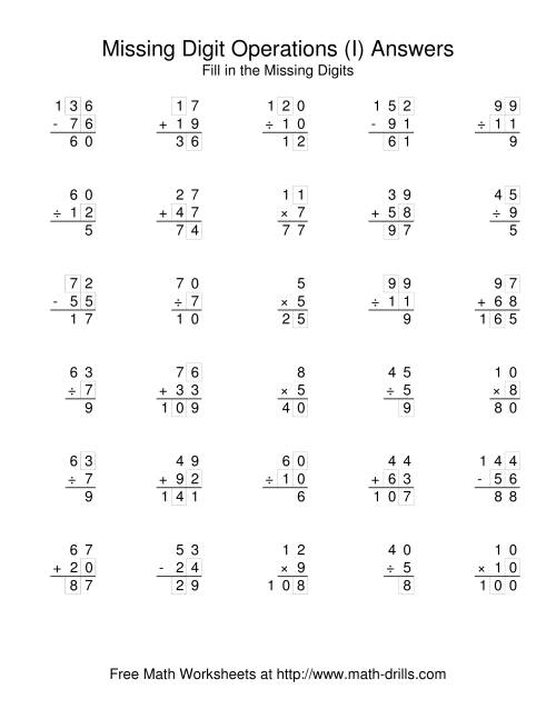 The All Operations with Missing Digits (I) Math Worksheet Page 2