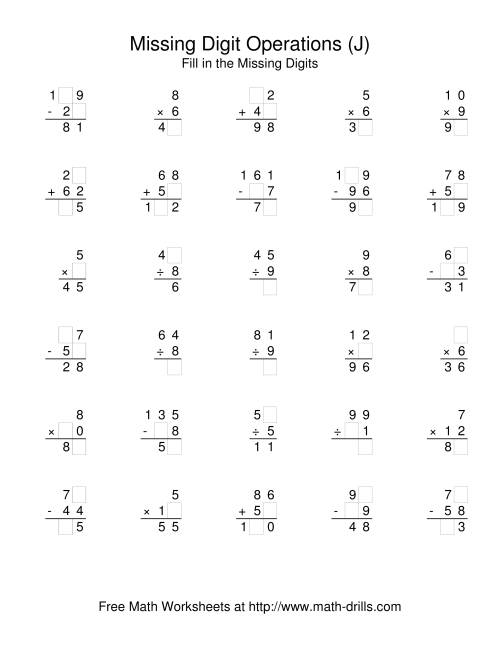 The All Operations with Missing Digits (J) Math Worksheet