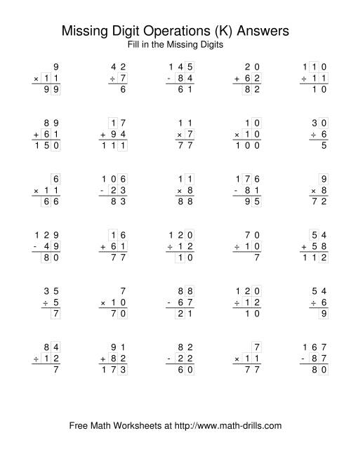 The All Operations with Missing Digits (K) Math Worksheet Page 2