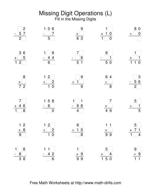 The All Operations with Missing Digits (L) Math Worksheet