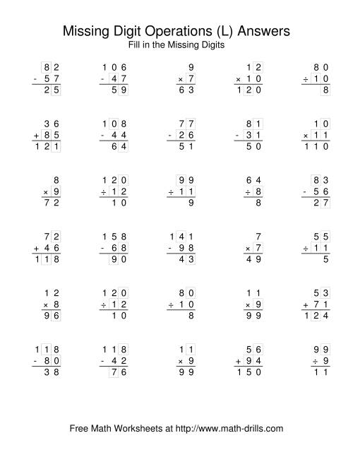 The All Operations with Missing Digits (L) Math Worksheet Page 2