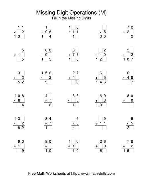 The All Operations with Missing Digits (M) Math Worksheet