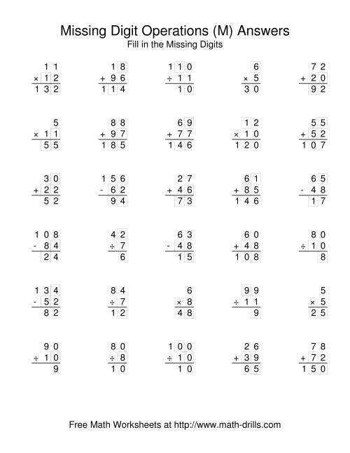 The All Operations with Missing Digits (M) Math Worksheet Page 2