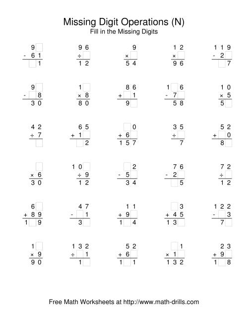 The All Operations with Missing Digits (N) Math Worksheet