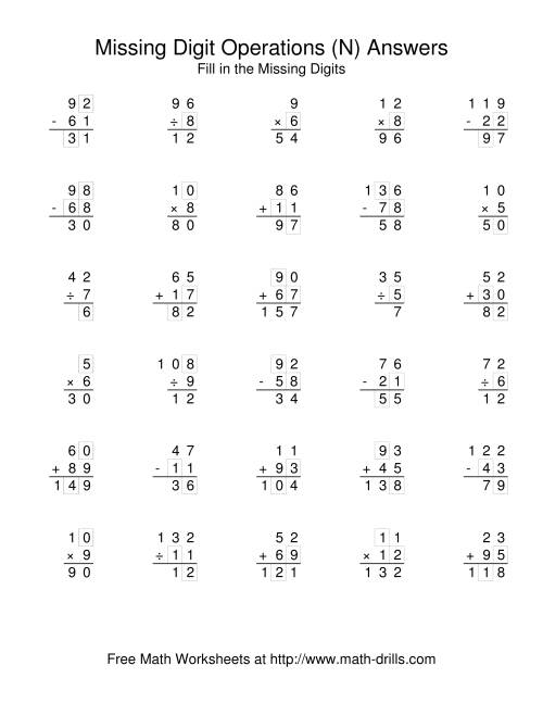 The All Operations with Missing Digits (N) Math Worksheet Page 2