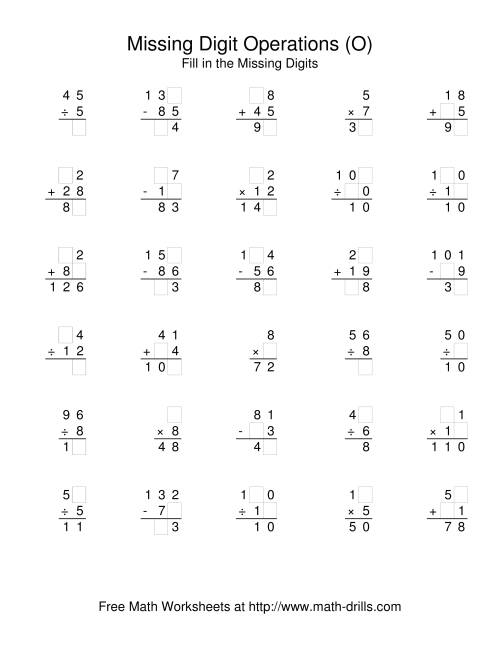 The All Operations with Missing Digits (O) Math Worksheet
