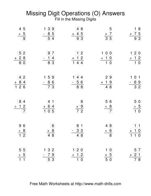 The All Operations with Missing Digits (O) Math Worksheet Page 2