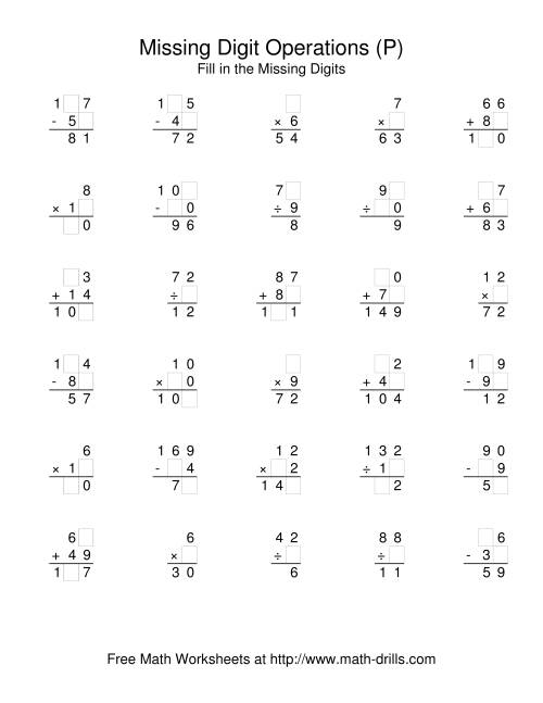 The All Operations with Missing Digits (P) Math Worksheet