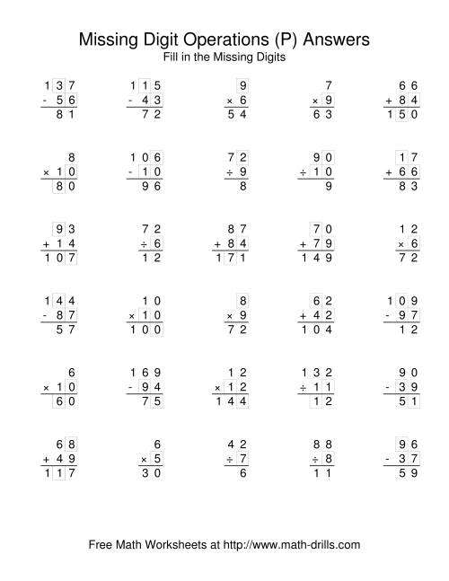 The All Operations with Missing Digits (P) Math Worksheet Page 2